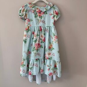 Mini Boden Girls Floral Linen Blend Dress Blue Pink Ruffle High Low 3-4Y
